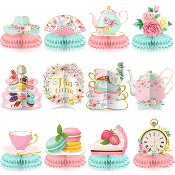Chrisfall 12 Pcs Floral Tea Time Themed Party Decorations Spring Vintage Teapot Honeycomb Centerpieces Talking Toppers Supplies 
