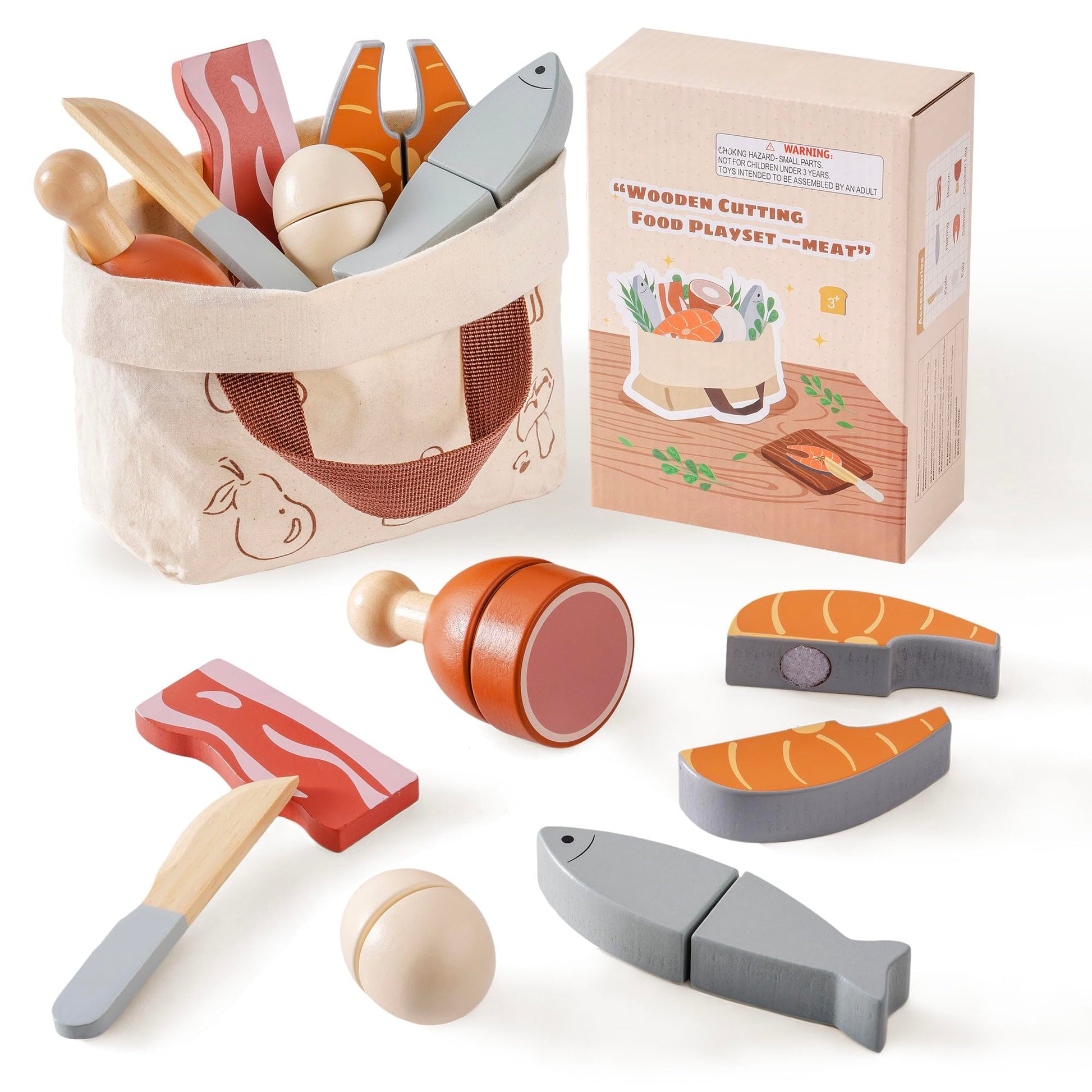Robotime Wooden Play Food Cutting Meat & Eggs Set, Pretend Play Toy Food For Play Kitchen With Shopping Bag - Kids Kitchen Acces