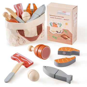 Robotime Wooden Play Food Cutting Meat & Eggs Set, Pretend Play Toy Food For Play Kitchen With Shopping Bag - Kids Kitchen Acces