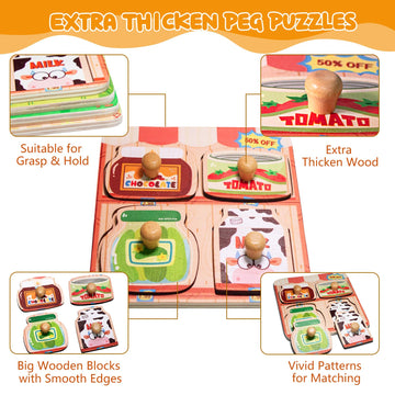 Zeoddler Wooden Puzzles For Toddlers, 4 Pcs Peg Puzzles For Kids 2-4, Preschool Learning Puzzles For 2 3 Years Old, Montessori Puzzle For Boys, Girls