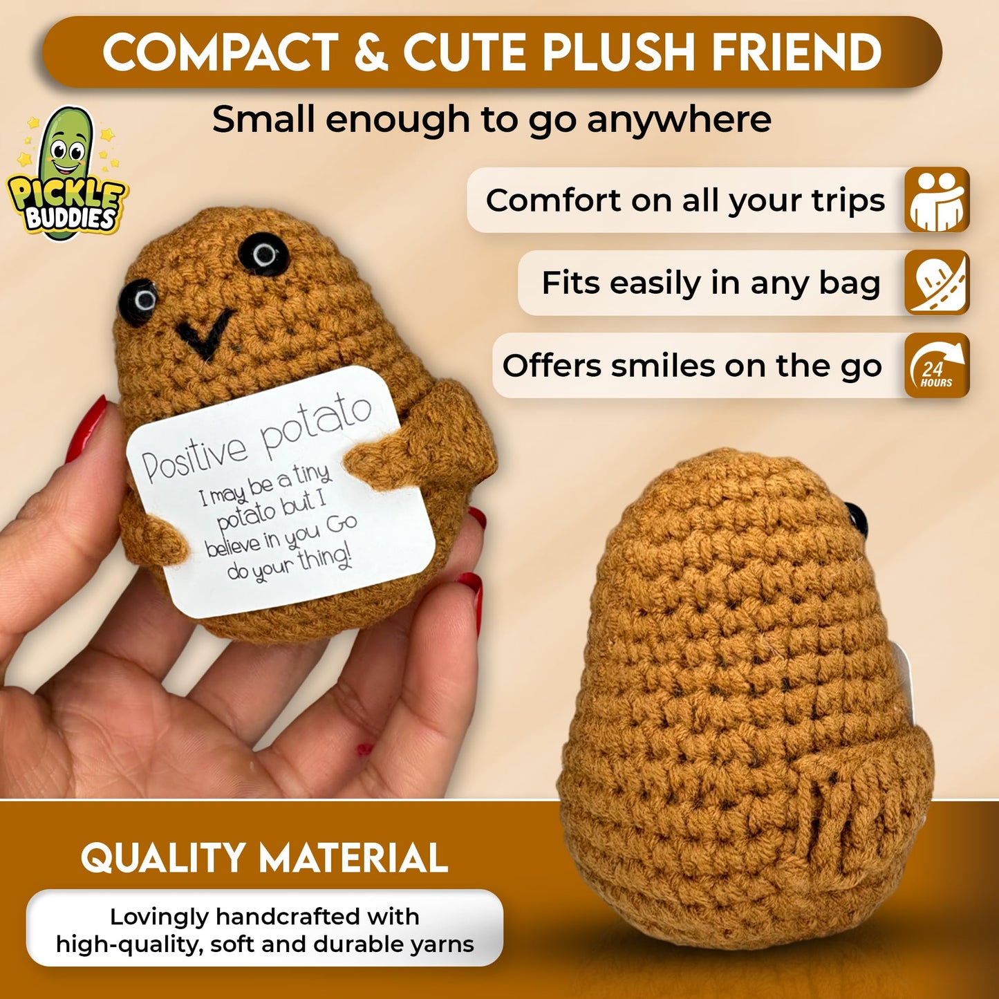 SACHPER Pickle Buddies Mini Positive Potato - Emotional Support Potato Doll Handmade Positive Crochet Animals Gifts Emotional Support Nuggets Say Potato Gift for Anxiety & Stress Relief