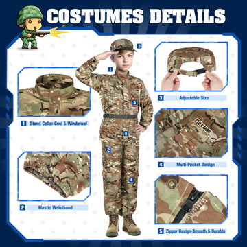 Giftinbox Army Costume For Kids,Soldier Halloween Costumes Boys Kids,13Pcs Military Dress Up Role Play Set With Accessories,Deluxe Birthday Gift Kids Size L,Green Camo,Large (8-10Yrs)