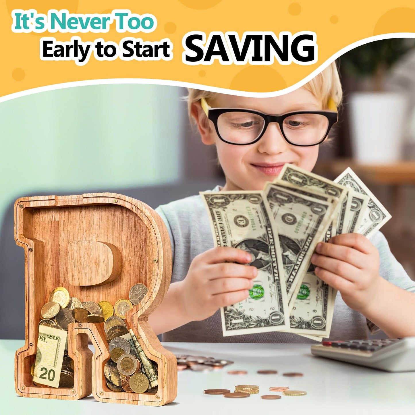 SummiDate Wooden Letter Piggy Bank| Piggy Bank for Boys Girls Toddler| Alphabet R Money Bank| Coin Bank Birthday Gift for Kids|Birthday Gift for Kids (R)