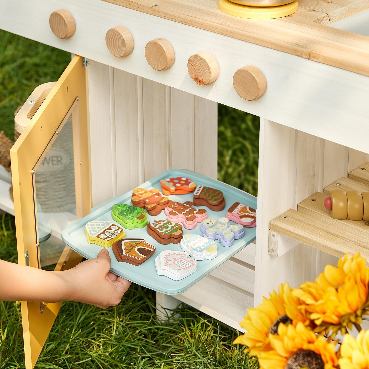 Giant Bean Mud Kitchen For Kids Outdoor, Deluxe Wooden Toy Play Kitchen Set, With Sand And Water Sink, Blackboard And Kitchen Ac