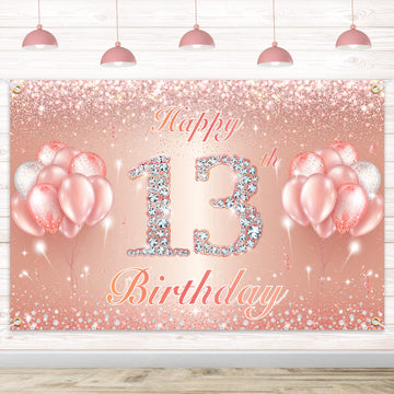 Happy 13Th Birthday Banner Backdrop - 13 Birthday Party Decorations Supplies For Girls Or Boys - Rose Gold 4 X 9Ft