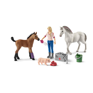 Schleich Farm World, Farm Animal Toys For Kidsm Vet Visiting Mare And Foal With Veterinarian And Horse Toys 9-Piece Set