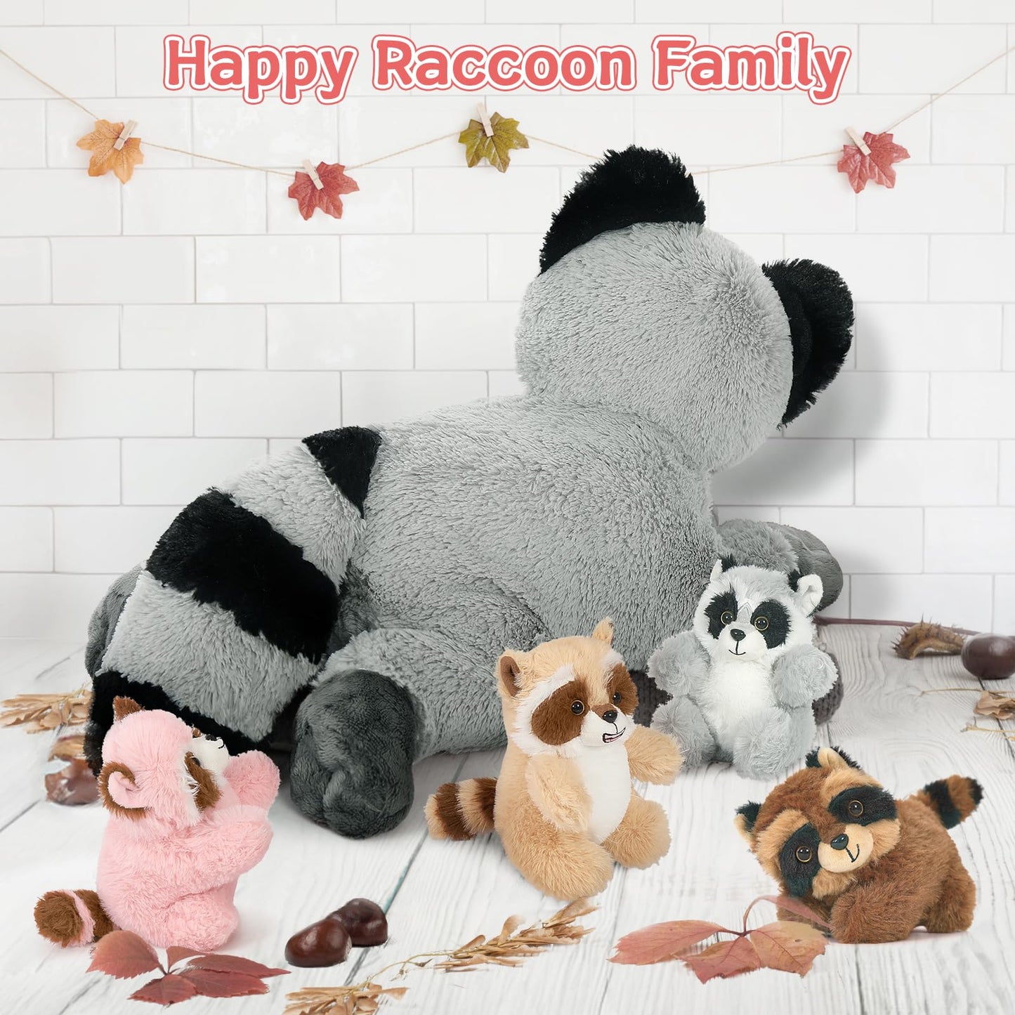 Tezituor 5 Pcs Giant Raccoon Stuffed Animal Set,18 Inches Raccoon Plushies With 4 Babies Woodland Farm Party Decor Soft Plush Raccoon Toy For Kids' Birthday Gifts