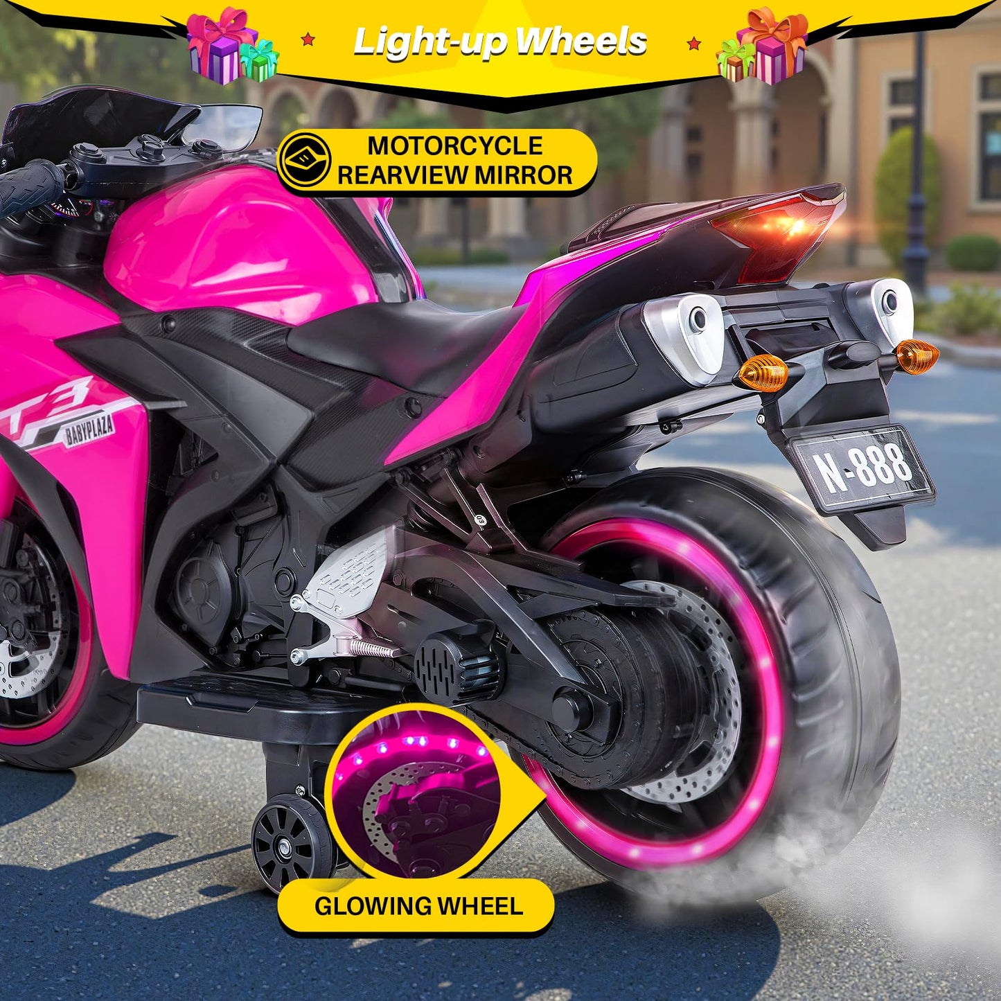 Blitzshark 12V Electric Motorcycle  Kids Motorcycle with Training Wheel  7AH Battery Ride On Motorbike for Kids  3.2 MPH Max Speed  Twist Grip Throttle  Brake Pedal  Soft Tires Extra Long Seat  Pink