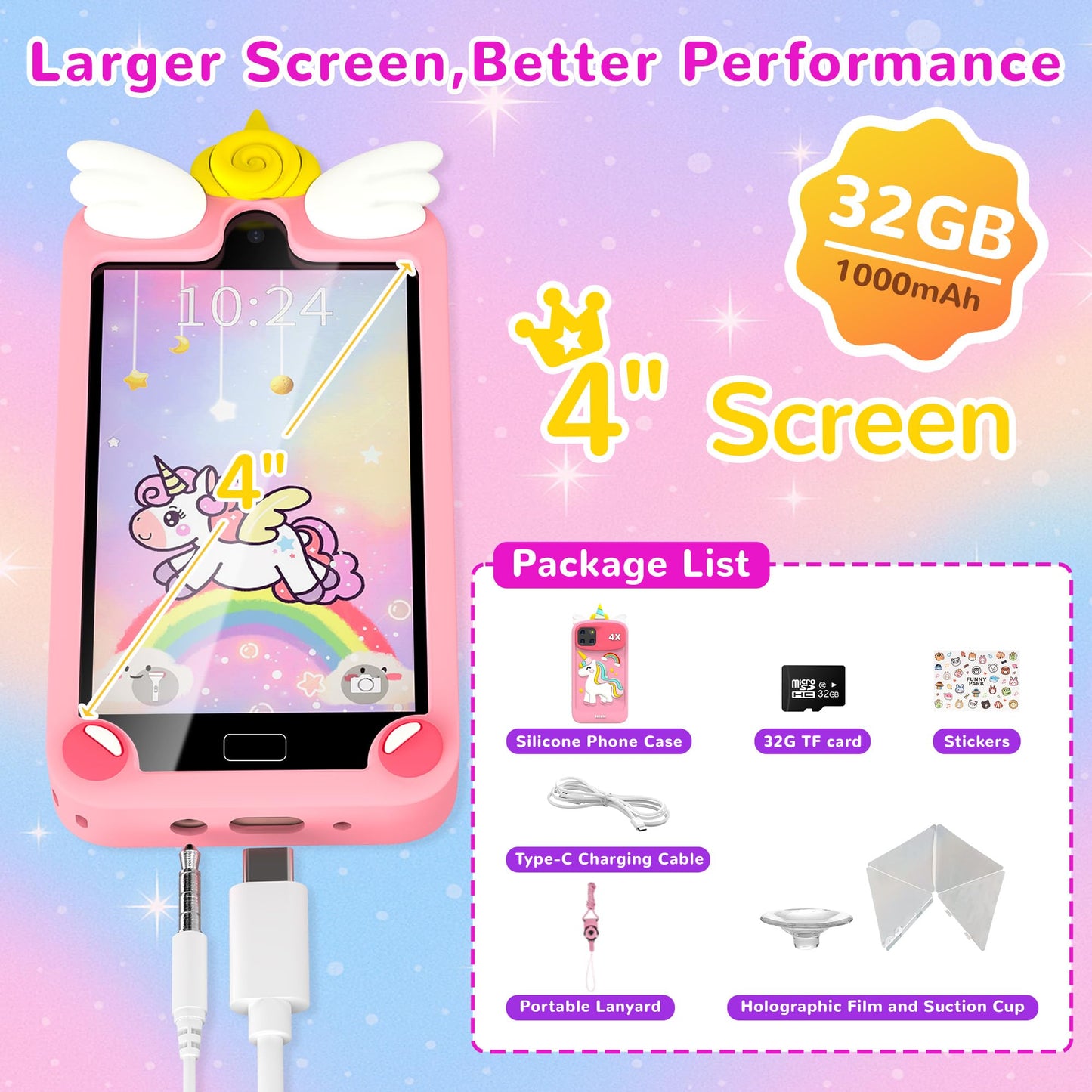 YIFOCO Kids Smart Phone for Girls, 4" Touchscreen, Pink, ABS Material, Educational Toy for Ages 3-10