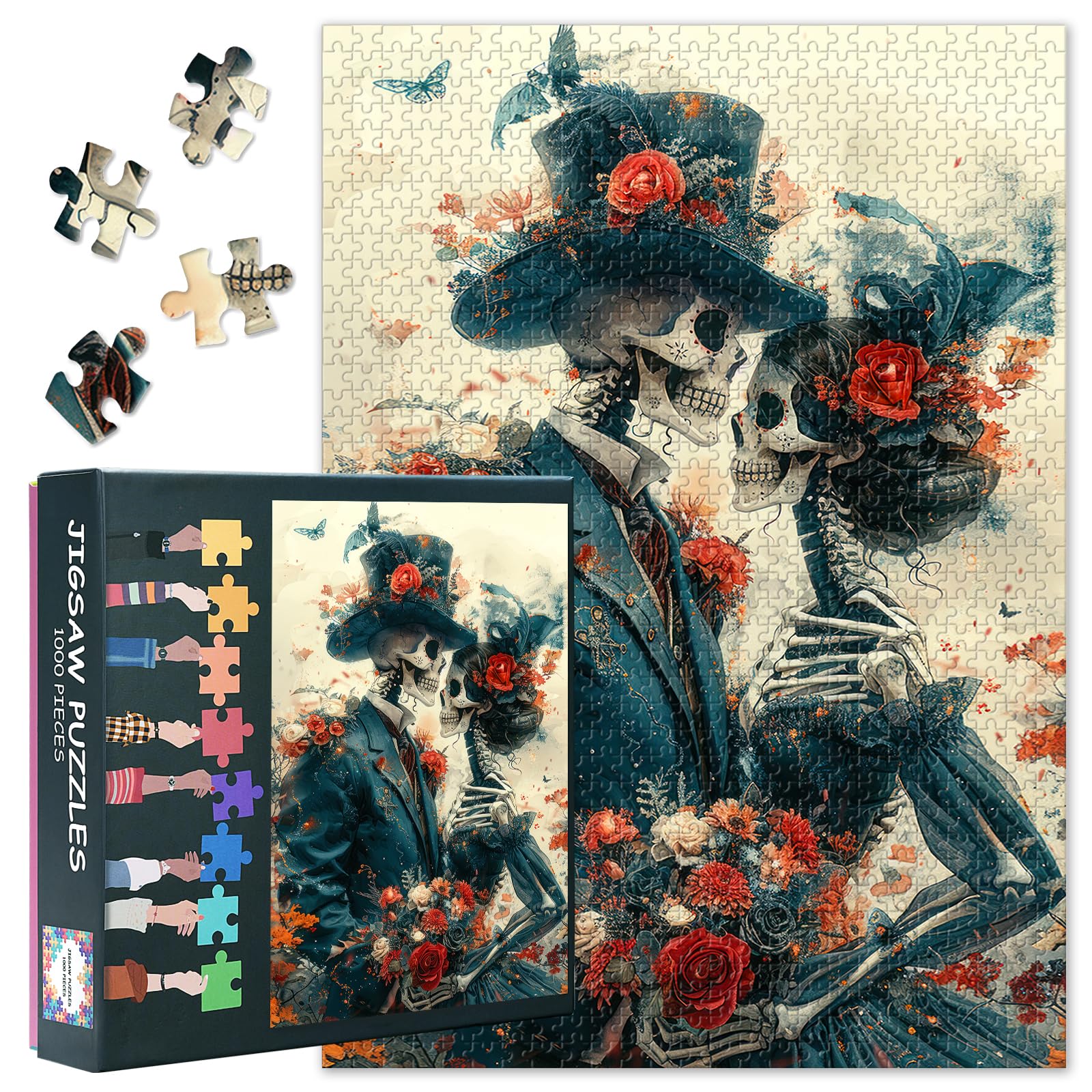 1000-Piece Skeleton Couple Jigsaw Puzzle Romance Skull Red Roses Butterflies and Floral Impossibly Challenging and Thrilling Gam