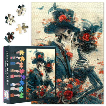 1000-Piece Skeleton Couple Jigsaw Puzzle Romance Skull Red Roses Butterflies and Floral Impossibly Challenging and Thrilling Gam