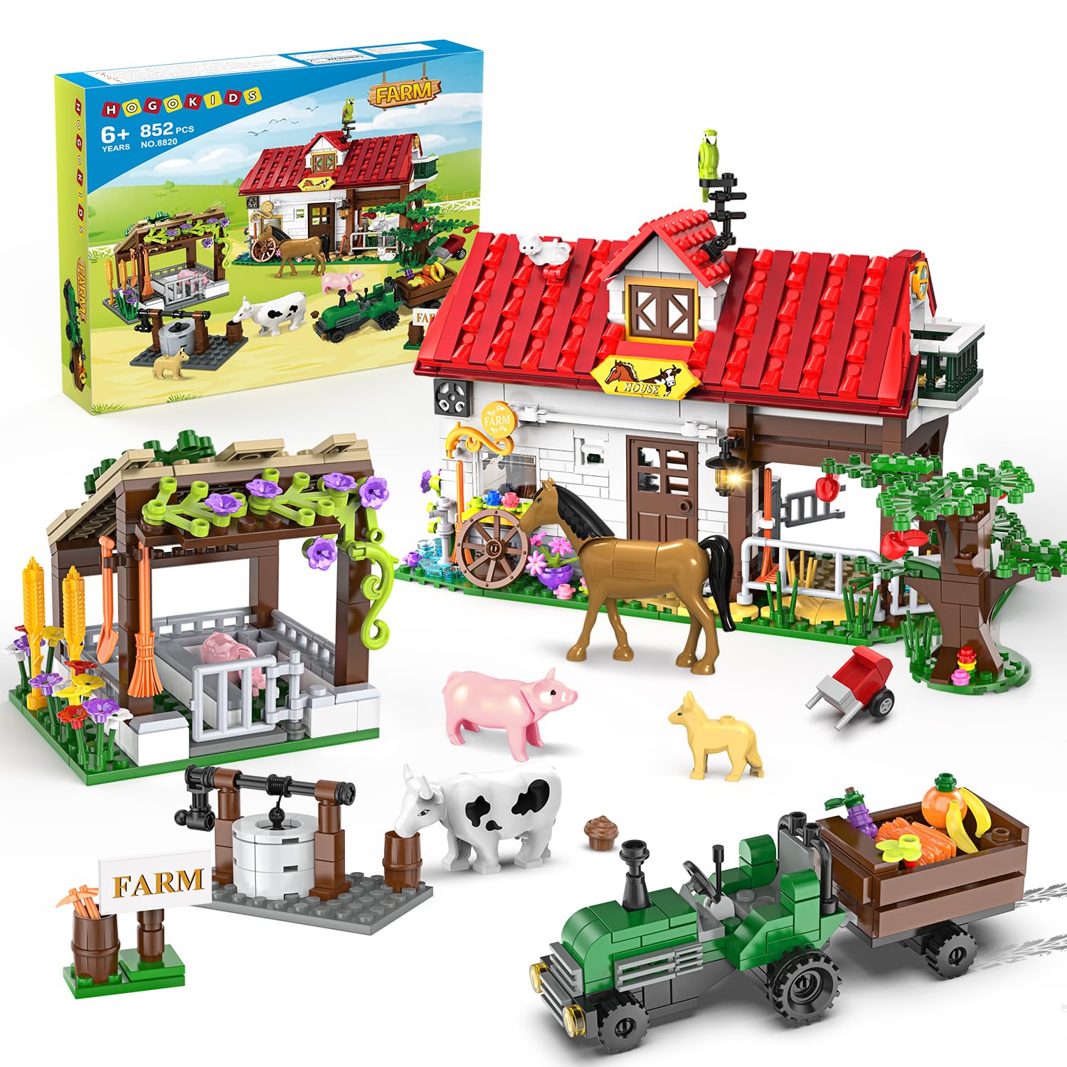 Hogokids Farm House Building Toy For Girls Boys - 852 Pcs Valentine'S Day City Farm Animals Building Block Set With Horse Tractor Farm Tools | Creative Easter Gift For Kids Ages 6 7 8 9 10 11 12+