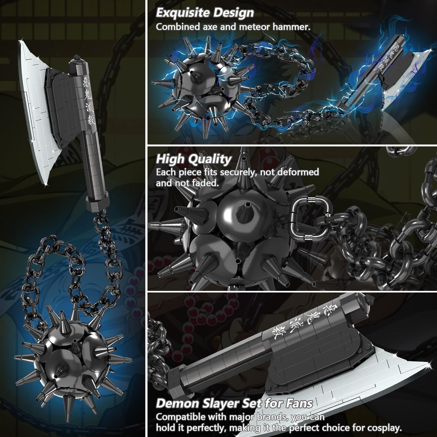 HIGH GODO Demon Anime Sword Building Set - 43in Axe & Meteor Hammer Kit, 779 PCS, Plastic, Gifts for Adults & Kids 8+