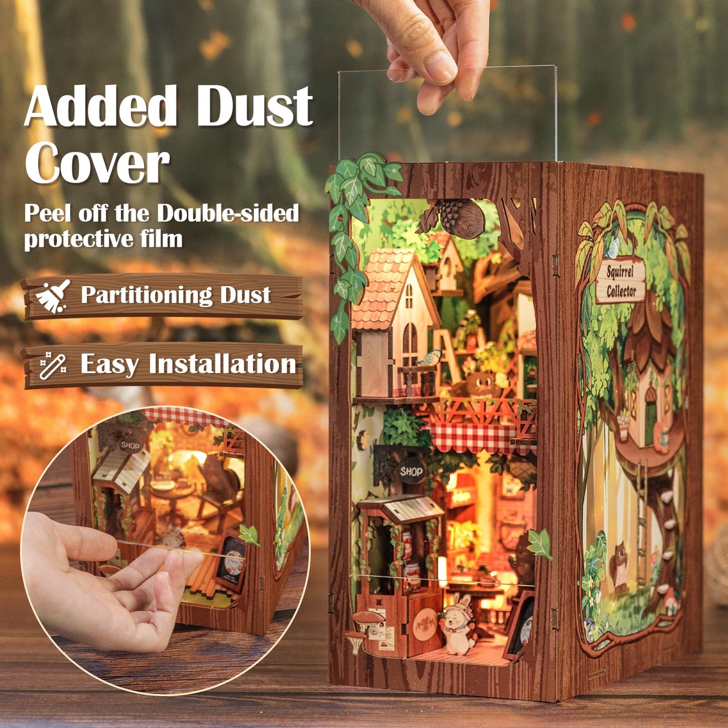 Cutefun Book Nook Kit, Diy Miniature Dollhouse Kit For Teens And Adults, 3D Wooden Puzzle Bookends With Led Light, Bookshelf Insert Decor With Dust Cover, Christmas Birthday Gifts (Squirrel Collector)