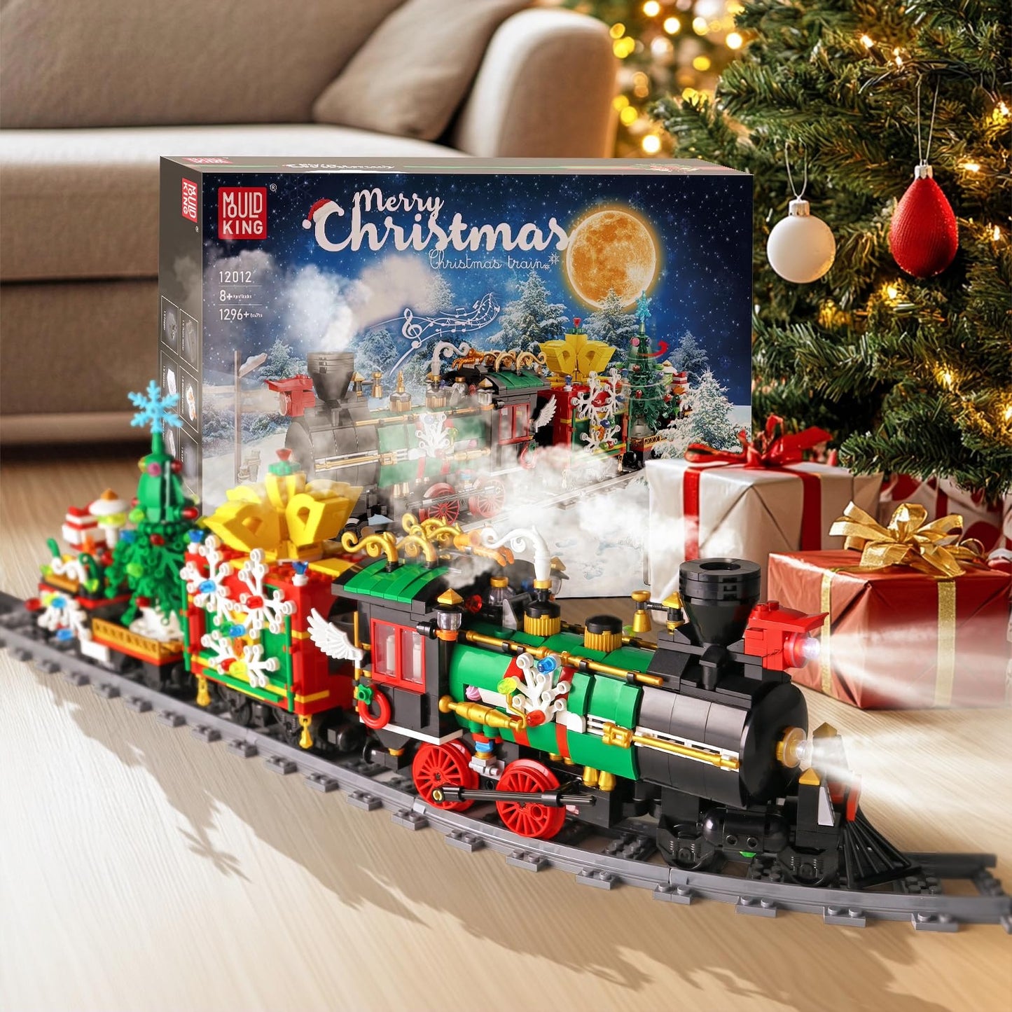 Mould King 12012 Christmas Train Building Block Kits, Electric Led Light,Train Track Vehicle Model Building Sets With Motors,Col