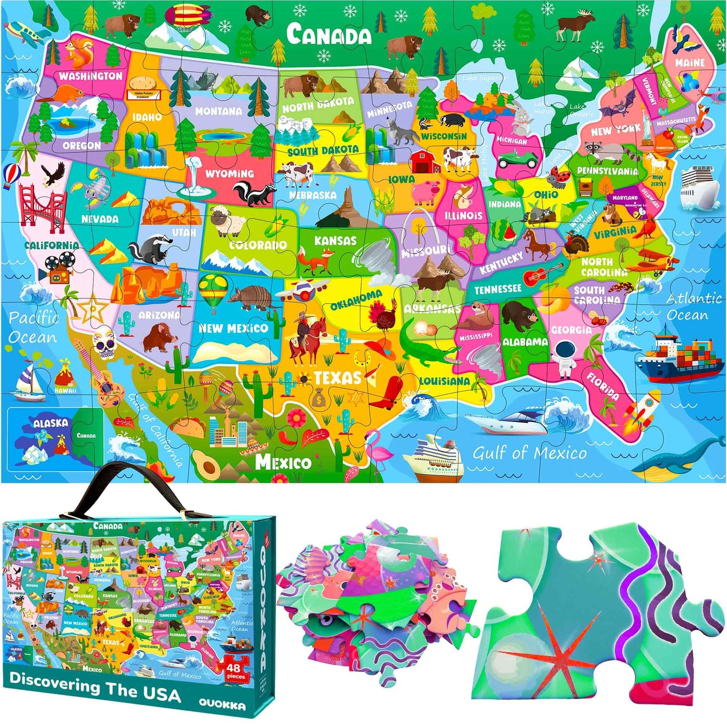 QUOKKA Giant Floor Puzzle for Kids Ages 4-6 - 2x3 Feet Extra-Thick 48 Pieces Toddler Puzzle Ages 3-5 - USA Map Educational Activity for Boys Girls - enhanced Box with Sturdy Handle & Magnetic Closure