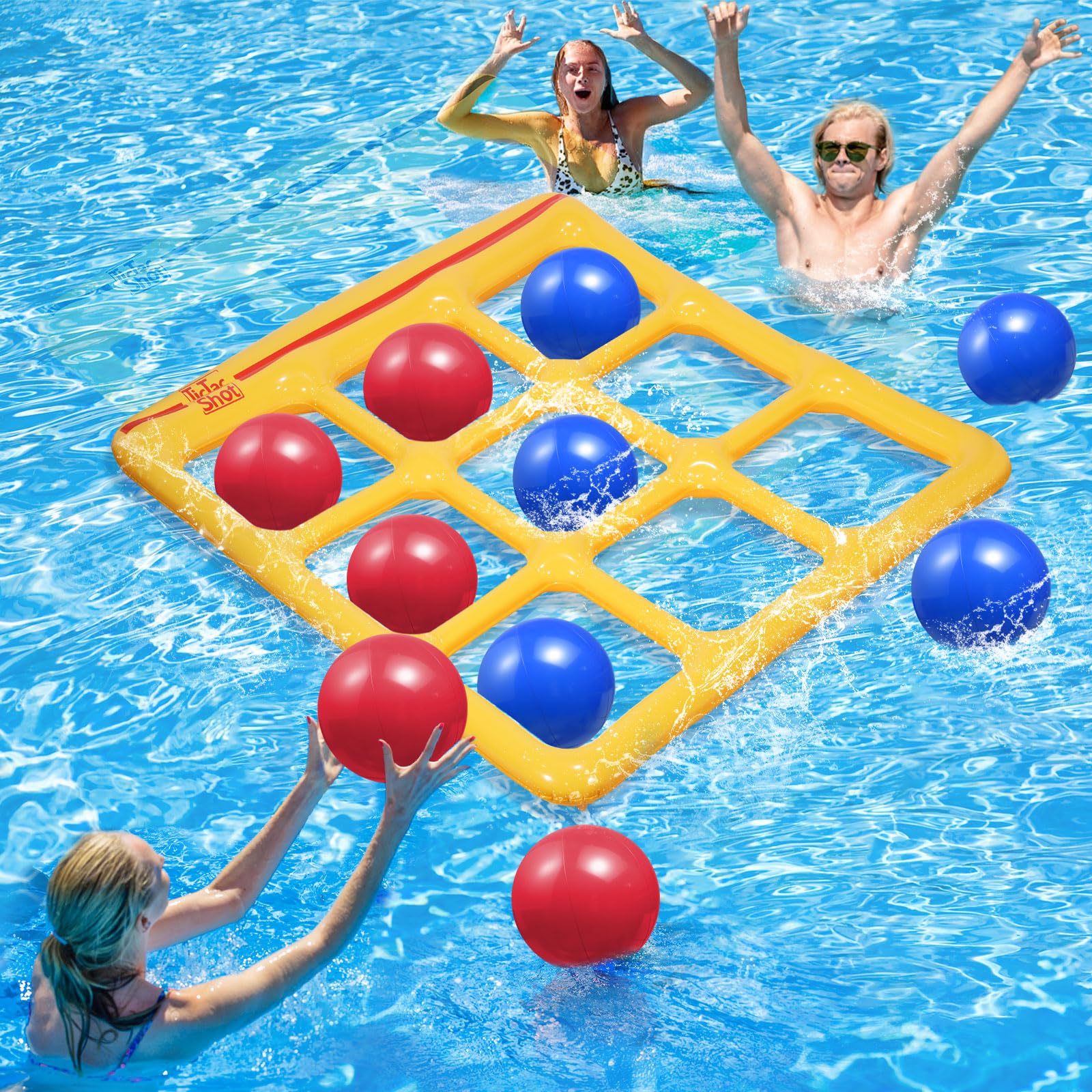 TicTac Shot Pool Toys Games Set- Tic-Tac-Toe Inflatable Pool Toy with 10 Balls - for mature-themeds Teens Kids 2-10 Players