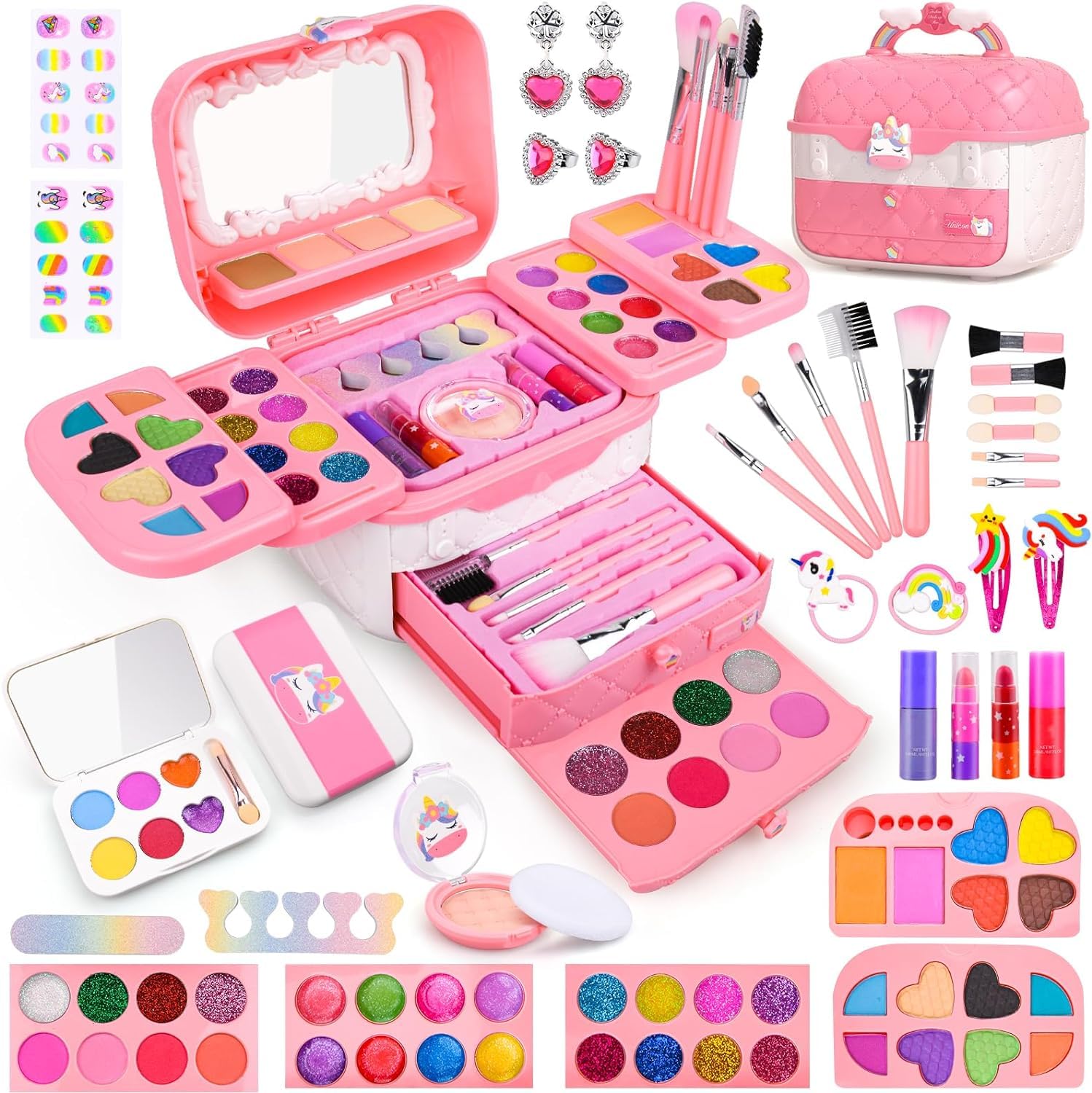 Auney 80 PCS Kids Makeup Kit for Girls 5 6 7 8 Years Old, Unicorn Girls Toy for Little Girls Birthday, Princess Dolls Dress Up T