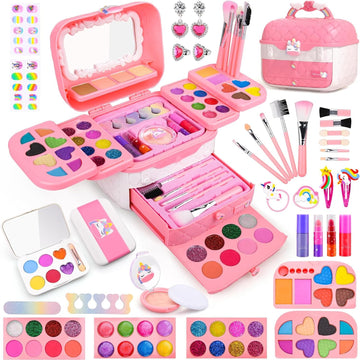 Auney 80 PCS Kids Makeup Kit for Girls 5 6 7 8 Years Old, Unicorn Girls Toy for Little Girls Birthday, Princess Dolls Dress Up T