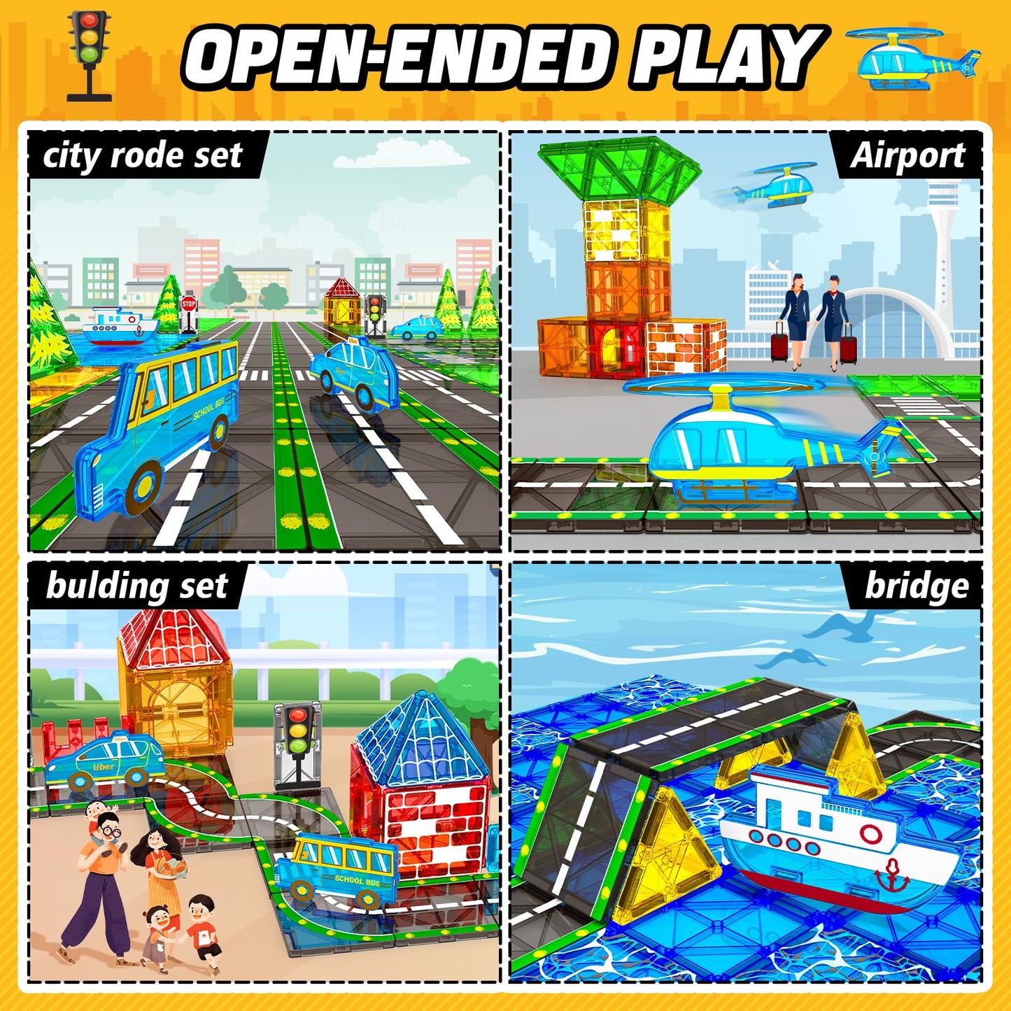 Magnetic Tiles Road Set With Car Magnet Building Tile Toys For Kids Ages 3-5 4-8 5-7 Magnetic Blocks Expansion Pack Stem Constru