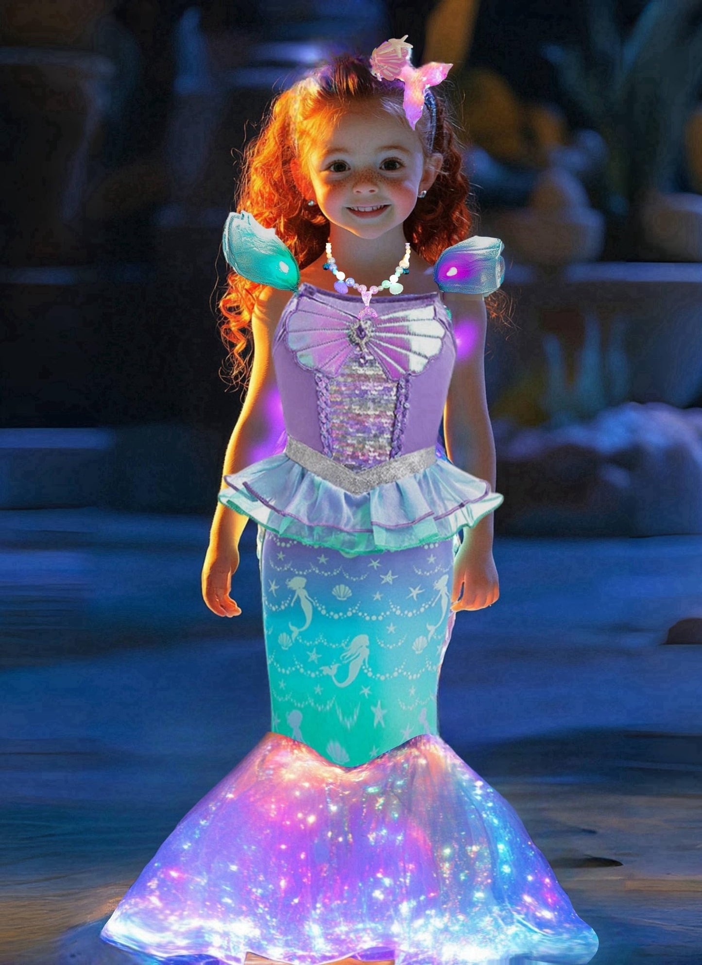 LEDPATY Girls Mermaid Costumes Little Mermaid Dress Glow Princess Dress for Kids with Accesseries Halloween Birthday Party 7-8T