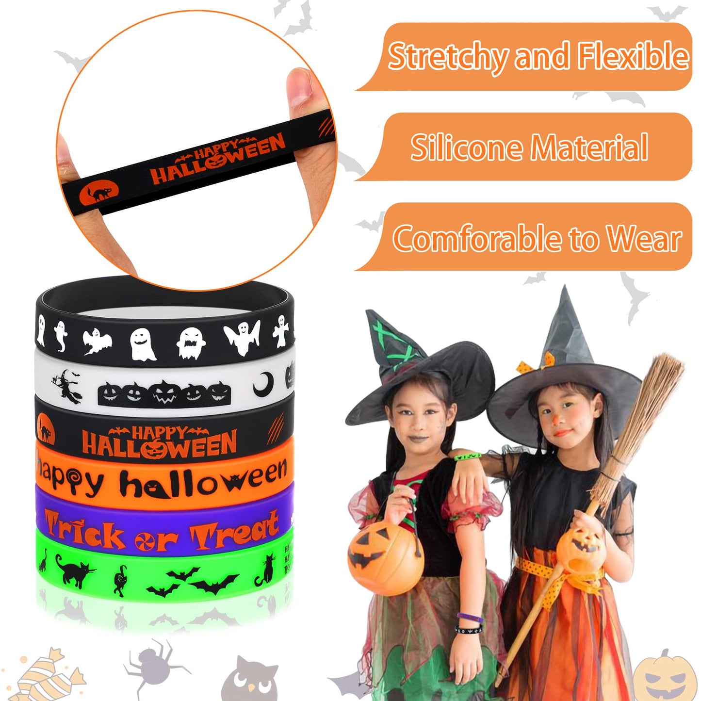 JUNEBRUSHS 24Pcs Halloween Silicone Bracelets Halloween Favors Supplies Rubber Wristbands for Kids Party Trick or Treat Goodie B