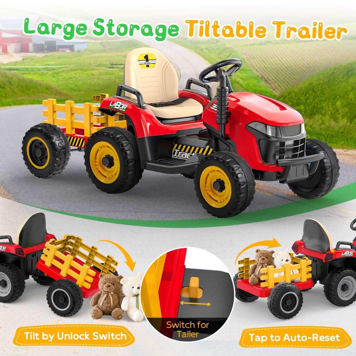 Anpabo 24V Ride On Tractor W/Tiltable & Detachable Trailer, Eva Tires, Up To 4.3Mph, Ride On Toys With Parental Remote, Realistic Tractor Sound & Chimney, Music Player, Led Light, Red