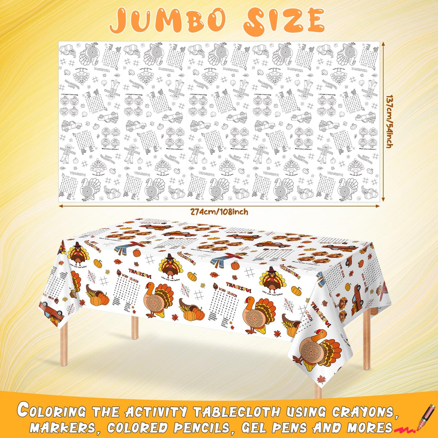 1 Pack Fall Thanksgiving Coloring Tablecloth for Kids, Disposable Thanksgiving Turkey Pumpkin Color-in Paper Table Cover, Fall T