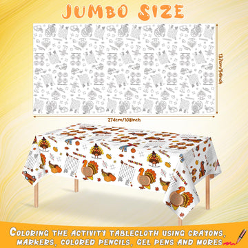 2 Pack Fall Thanksgiving Coloring Tablecloth for Kids, Disposable Thanksgiving Turkey Pumpkin Color-in Paper Table Cover, Fall A