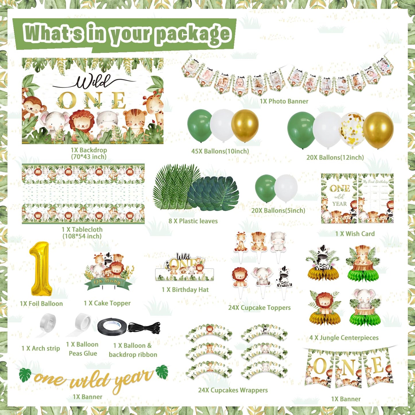 Wild One Party Decorations, 150 Pcs Jungle Animal Party Supplies Decor For Boy Girl Birthdays With Banners Cake Topper Cupcake T