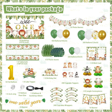 Wild One Party Decorations, 150 Pcs Jungle Animal Party Supplies Decor For Boy Girl Birthdays With Banners Cake Topper Cupcake T