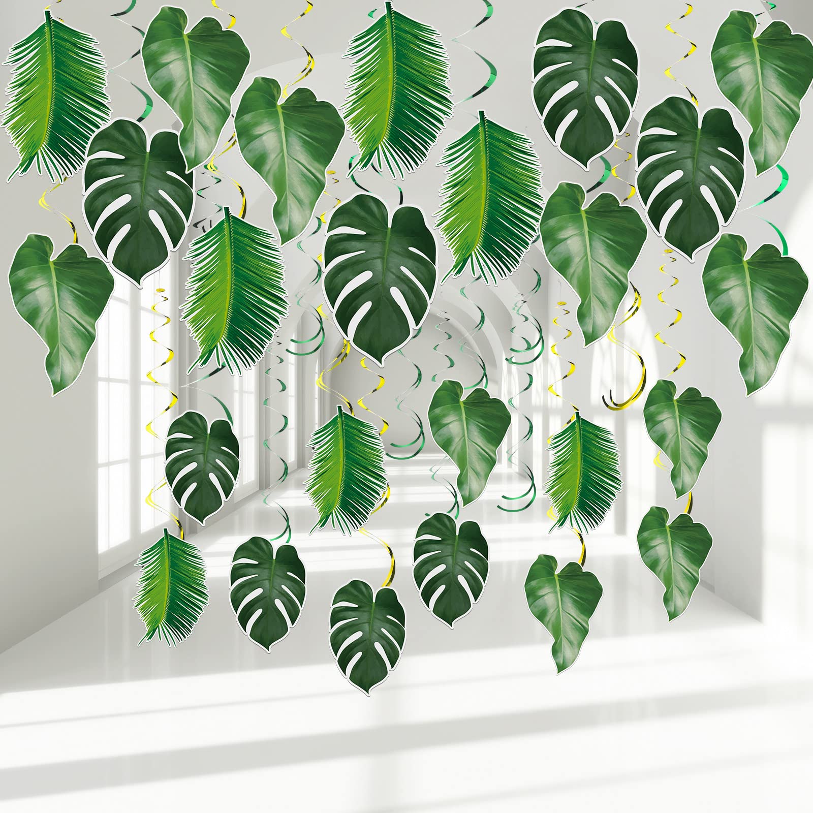 Geyee 51 Pcs Hawaiian Luau Party Palm Leaves Swirl Decorations Green Palm Leaves Hanging Decoration Ceiling Tropical Safari Jung
