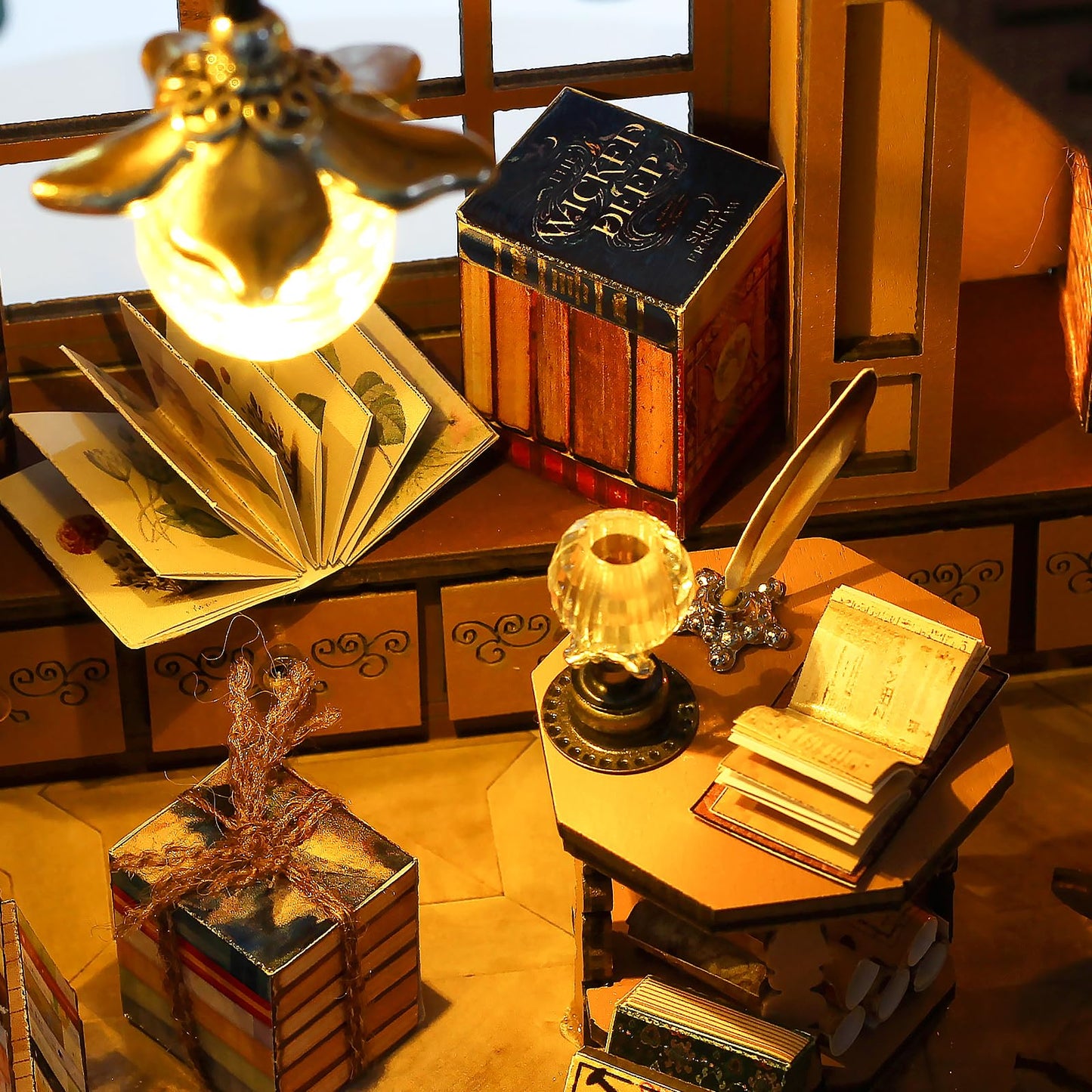 Quanquer Miniature House Kit: Magic Book Store Book Nook With Furniture And Led Light - Diy Kits For Adults - Wooden Doll House - Great Handmade Craft Model - Tiny House Decor Ideal Gifts