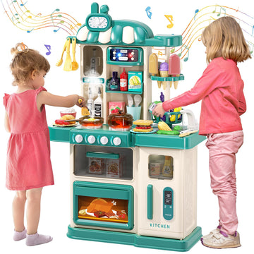 AIQI 47PCS Kids Kitchen Playset with Sound & Light, Cooking Stove with Steam, Play Sink and Toy Kitchen Accessories - Pretend Ki