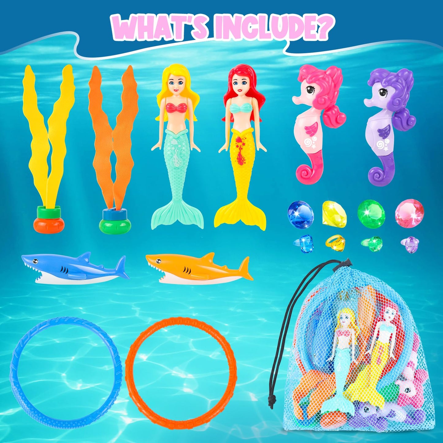 Huuidy Pool Diving Toys For Kids 4-12 Set, Mermaid Toys Dive Toy For Toddlers With Storage Bag, Diving Rings Gems For Pool Games