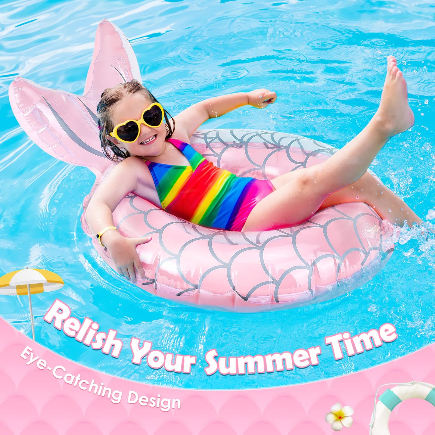 Heysplash Mermaid Pool Float, Mermaid Tail Shaped Pool Swimming Float Tube Ring Floatie, Summer Water Fun Beach Party Swimming Pool Toys For Kids Children Adults Water Activities, Pink