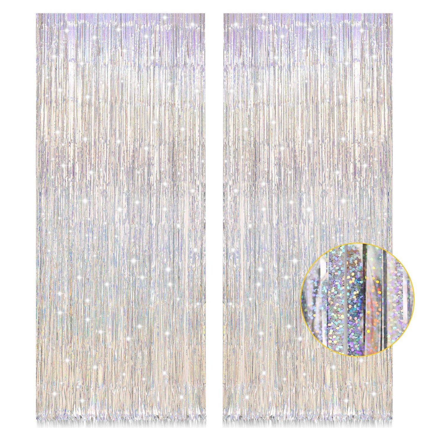 2 Pack 3.2ft x 8.2ft Silver Metallic Tinsel Foil Fringe Curtains, Door Streamer Photo Booth Backdrop for Birthday Graduation Eng