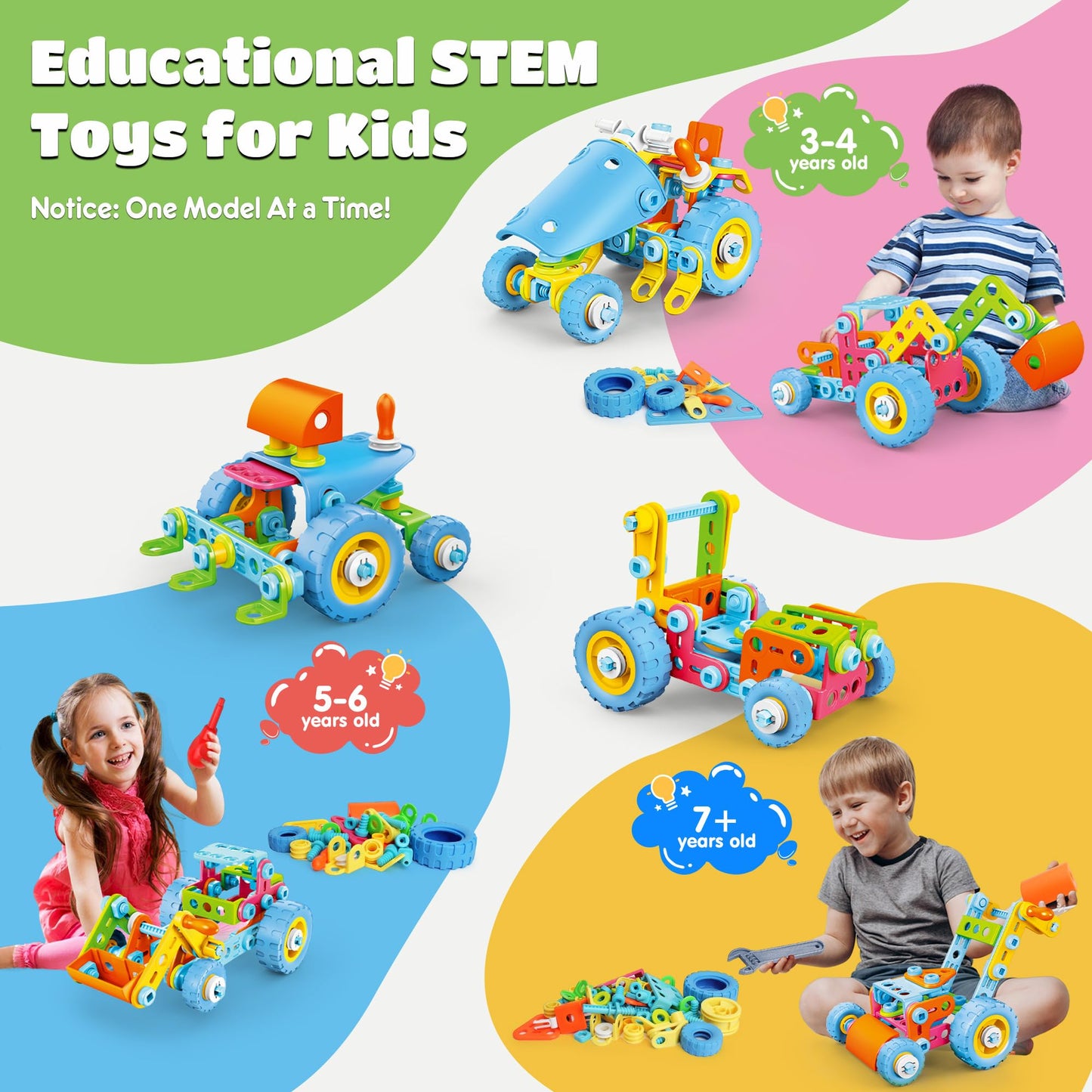 STEM Toys for 3 4 5 6 7 8+ Year Old Boy Girl Building Toys for Kids Ages 4-8 5-7 6-8 Toddler 3-8 Block Stem Kit Educational Construction Set Creative Activities Learning Engineering Game Birthday Gift