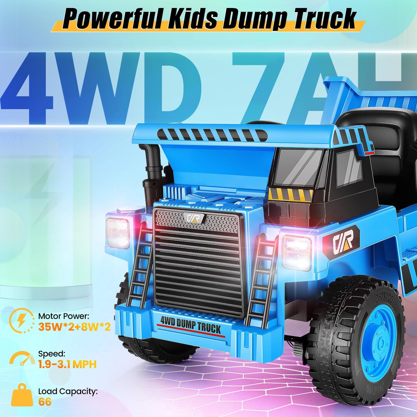 Hikole Kids Ride on Dump Truck with Remote Control, 12V 4WD Power Car Wheel with Dump Bed, Shovel, Bluetooth, Music Player, Ride