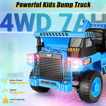 Hikole Kids Ride on Dump Truck with Remote Control, 12V 4WD Power Car Wheel with Dump Bed, Shovel, Bluetooth, Music Player, Ride