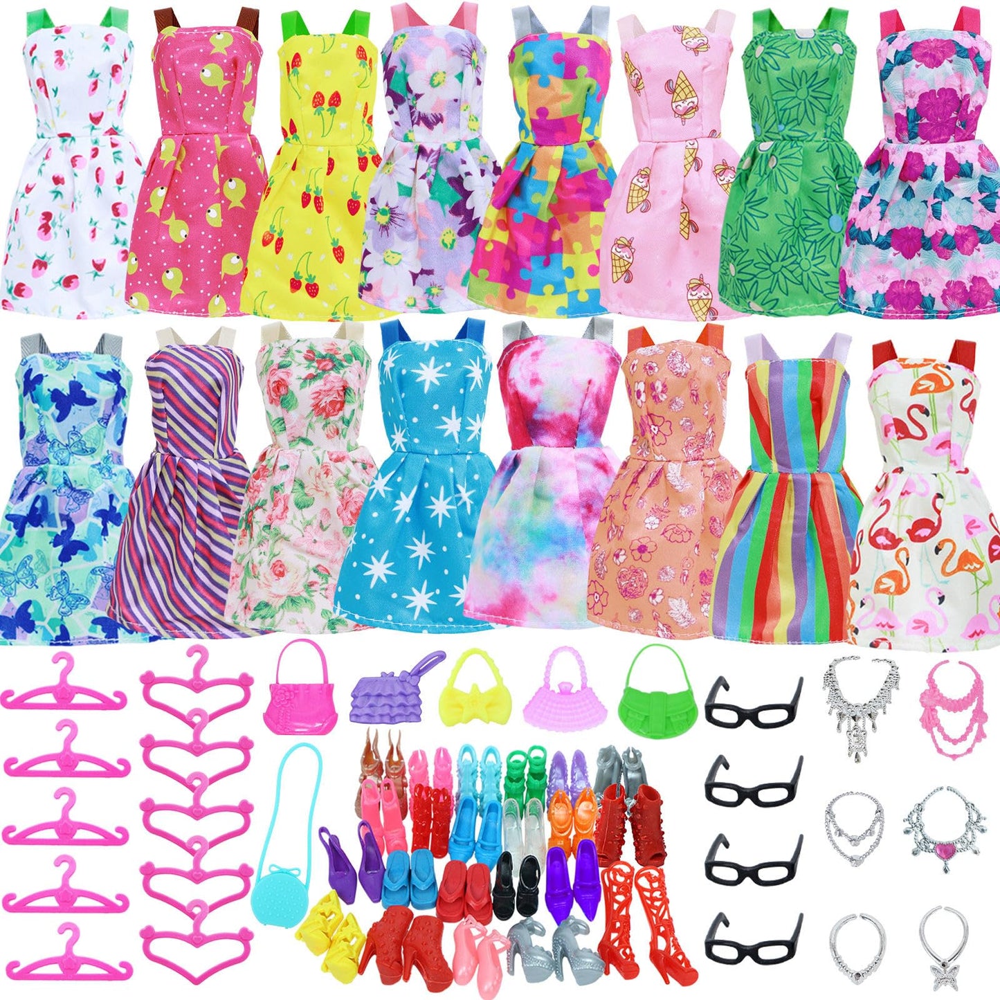 Bjdbus 42 Pcs Doll Clothes And Accessories Including 10 Pcs Fashion Mini Dresses 32 Pcs Shoes, Glasses, Necklaces, Handbag, Hangers Accessories For 11.5 Inch Girl Doll