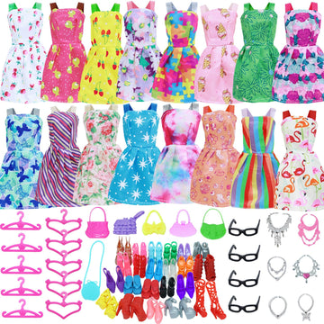 Bjdbus 42 Pcs Doll Clothes And Accessories Including 10 Pcs Fashion Mini Dresses 32 Pcs Shoes, Glasses, Necklaces, Handbag, Hangers Accessories For 11.5 Inch Girl Doll