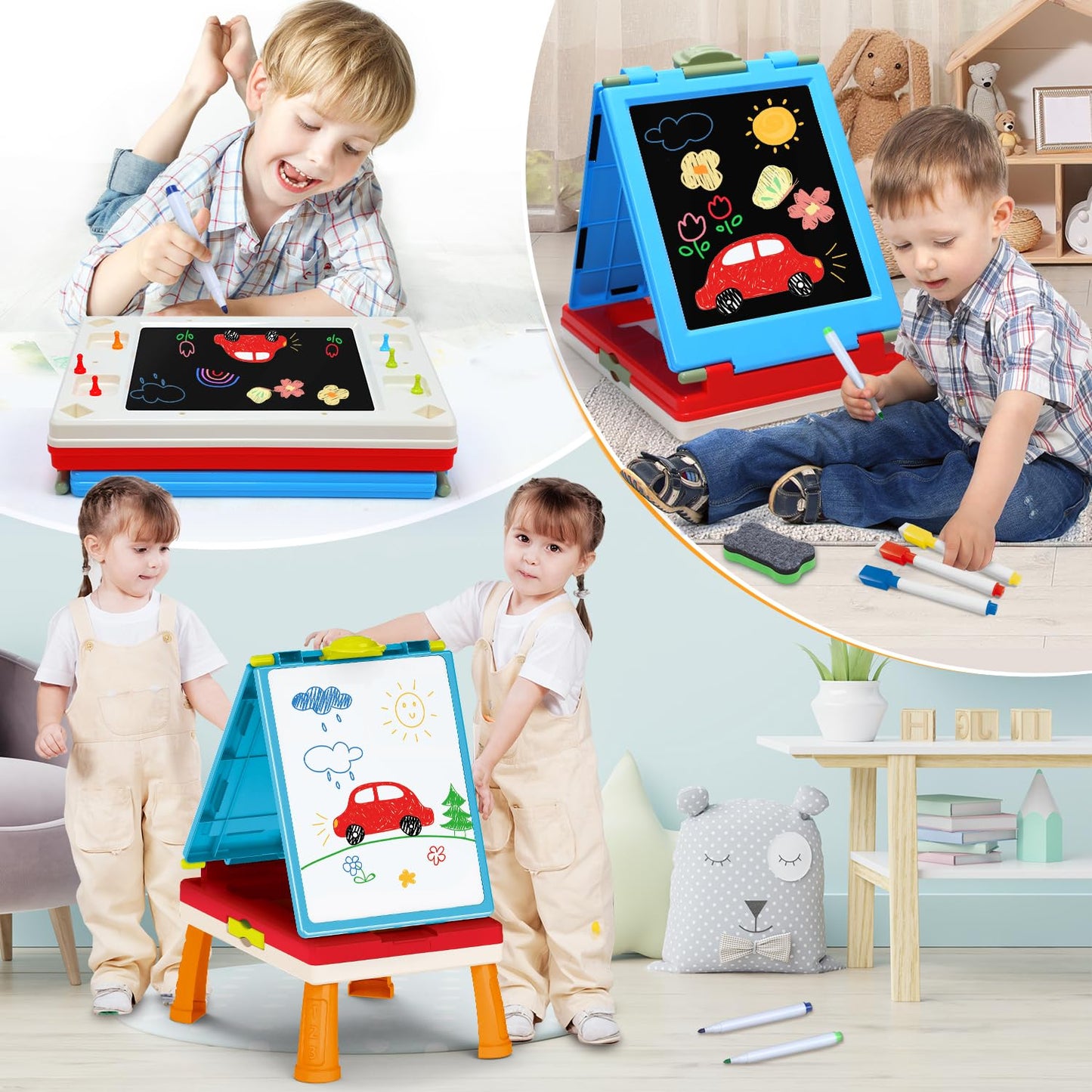 Kids Art Easel Toys, Foldable Double-Sided Tabletop Easel with Chalkboard & Whiteboard, Painting Accessories Included, Creative