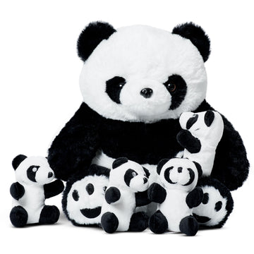 Pixiecrush Panda Toys Stuffed Animal - Plush Mommy Panda With Zippered Belly And 4 Little Baby Pandas For Girls - White And Blac
