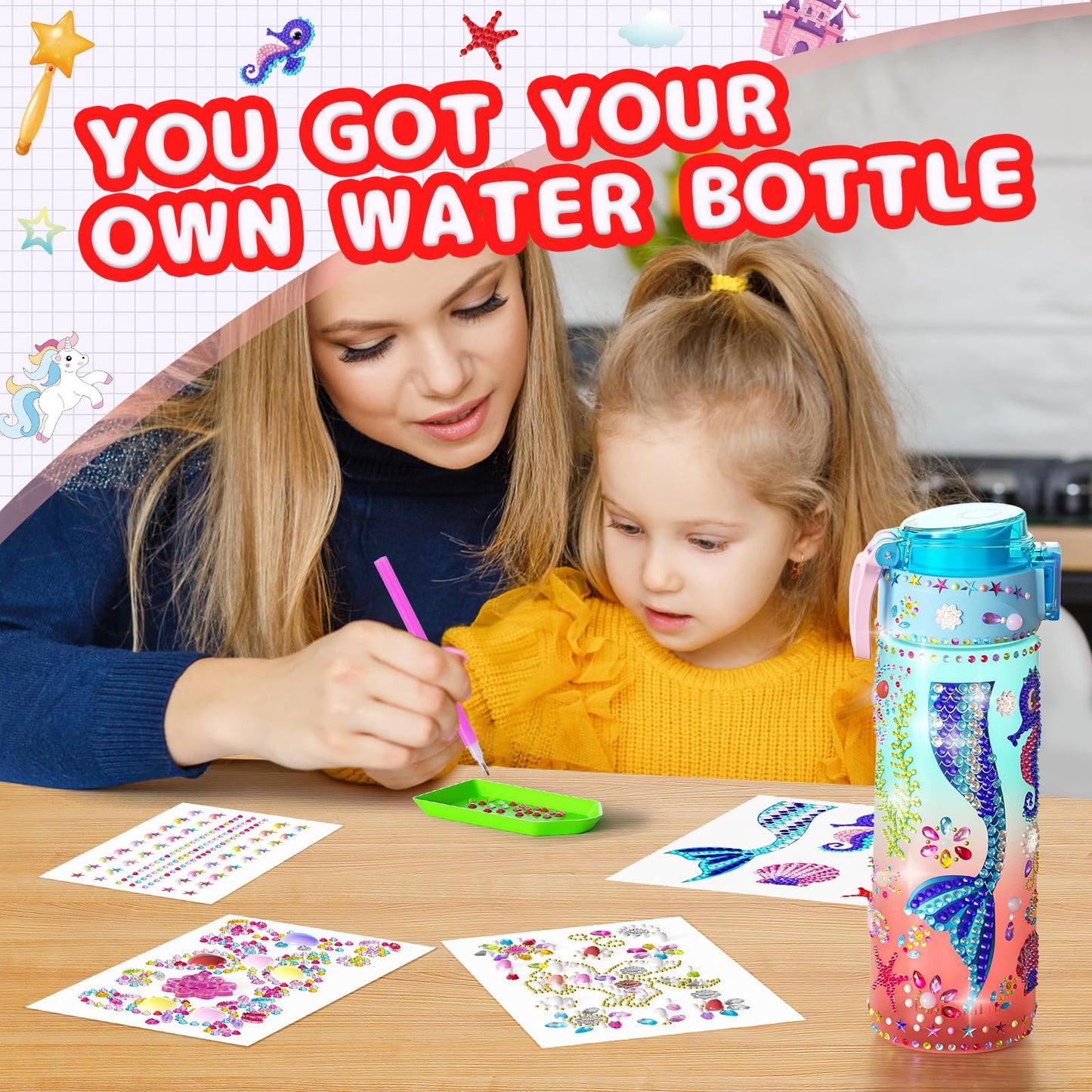 Gifts For 4-12 Year Old Girl - Decorate Your Own Water Bottle Kits For Girls, Mermaid Painting Diamond Art & Crafts Kits, Clay B
