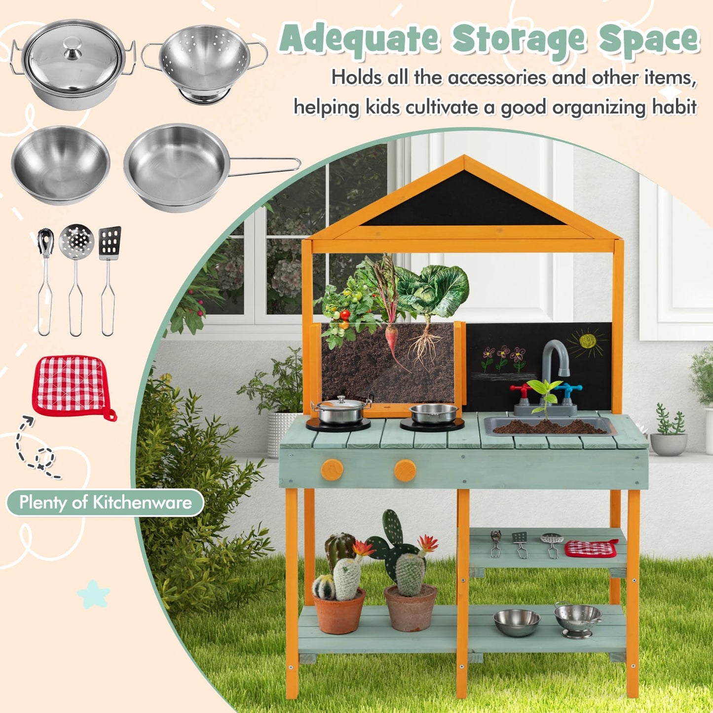 Costzon Mud Kitchen, Wooden Kids Kitchen Playset With See-Through Planter Box, Blackboard, Stoves, Sink & Faucet, Cooking Access