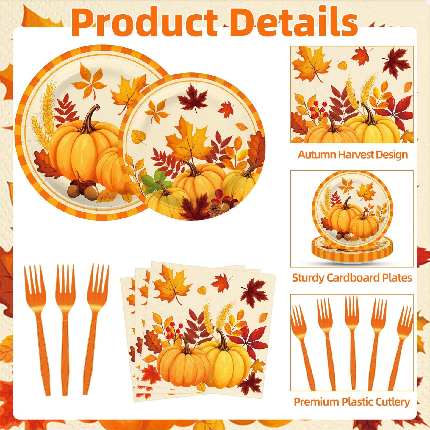 100 Pcs Fall Pumpkin Leaves Tableware Party Supplies Set, Serves 25 - Disposable Autumn Harvest Paper Plates, Napkins, and Forks
