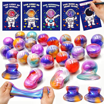 28 Pack Valentines Day Gifts For Kids, Valentines Galaxy Slime With Valentines Cards Stress Relief Fidget Set Valentines Day Gif