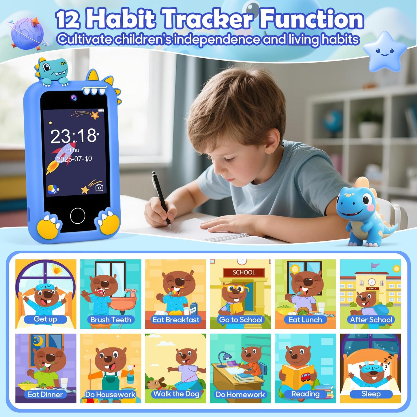 Elecoutek Kids Phone for Boy, Dinosaur Phone Toys for 3-10 Year Old Boys, Kids Mobile Phone Toy with Dual Cameras, 2.8 Inch Touc