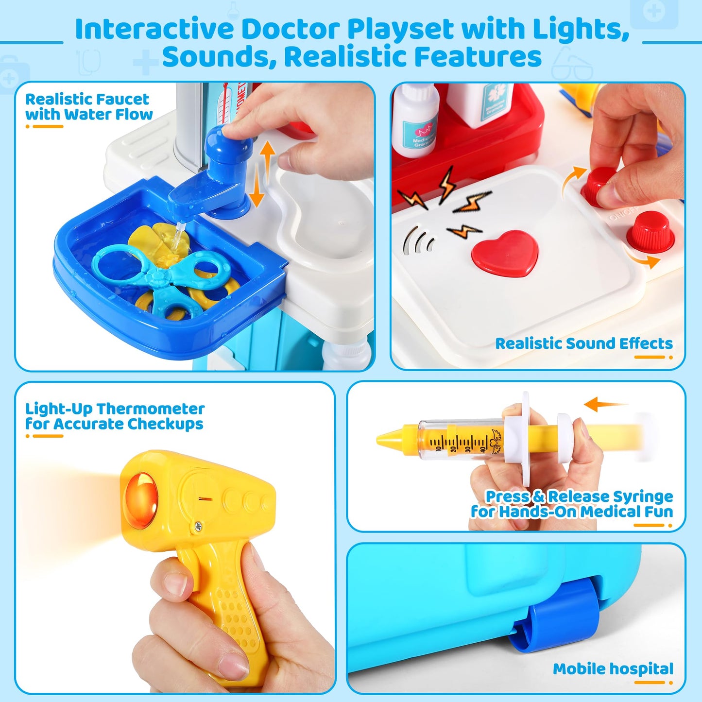 Honeystar Doctor Kit for Kids, Pretend Mobile Medical Station, 34 Accessories with Realistic Light & Sound Effects, Kids Doctor